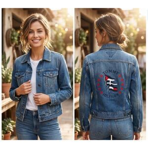 Vintage Tommy Hilfiger Denim Trucker Jacket Embroidered Flag Stars Sz M